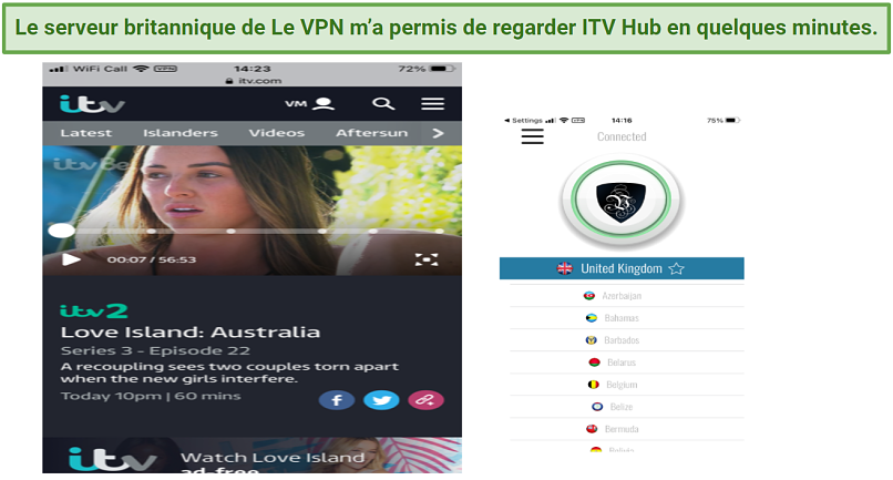 Graphic showing ITV Hub streaming with Le VPN