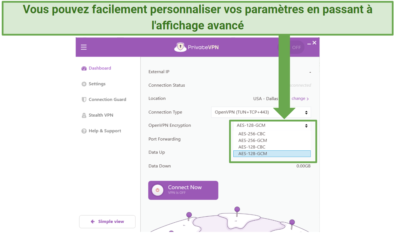 screenshot showing PrivateVPN's customizable security settings