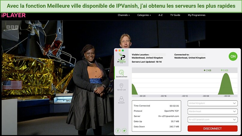Screenshot of the BBC iPlayer streaming The Sky at Night with a connected IPVanish app