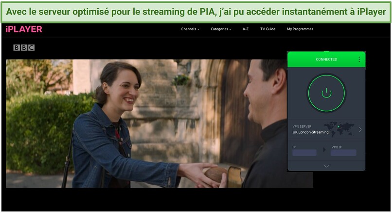 Screenshot of the BBC iPlayer streaming Fleabag with a connected Private Internet Access app