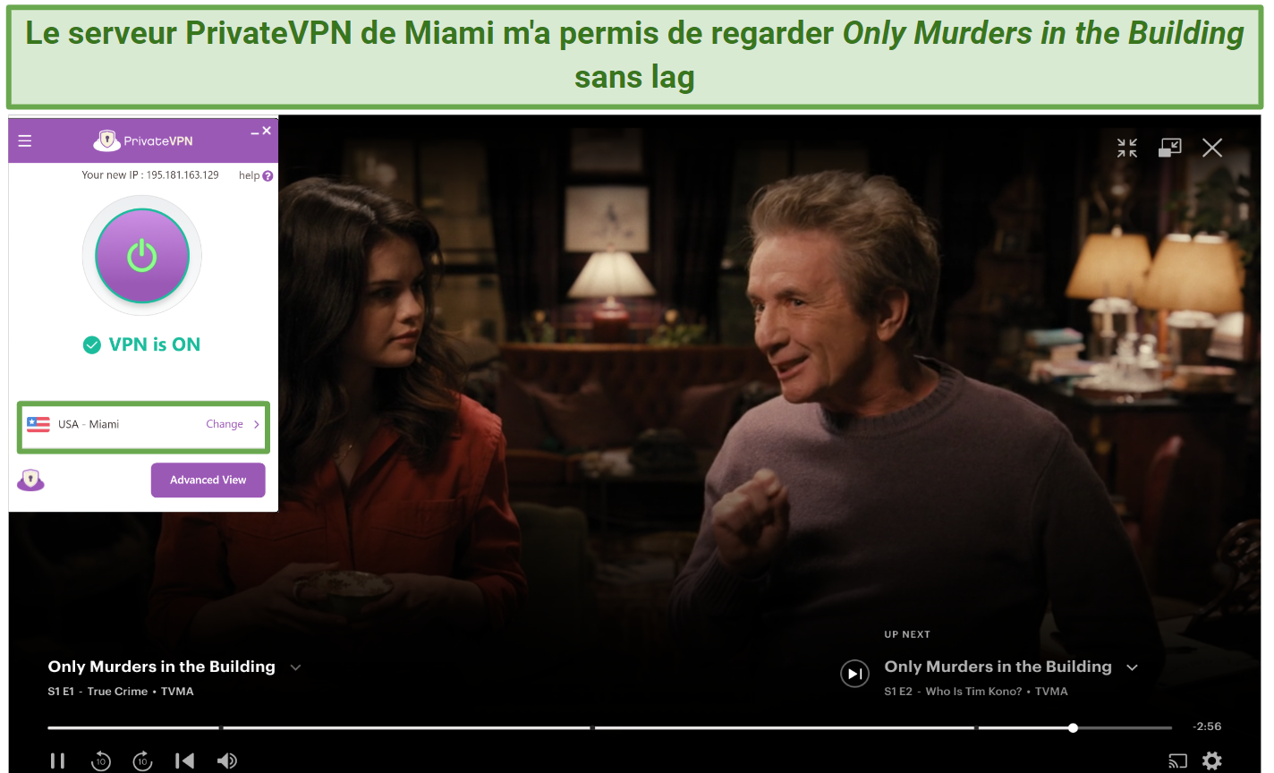 Screenshot of PrivateVPN's US servers unblocking Hulu