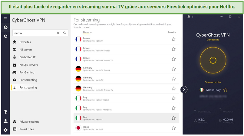 Screenshot of CyberGhost Windows app highlighting the Netflix-optimized servers