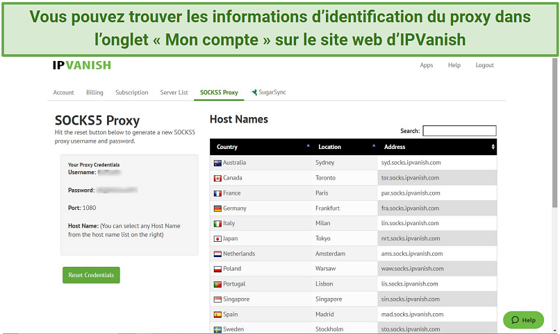 Screenshot of IPVanish's SOCKS5 proxy settings in its Control Panel