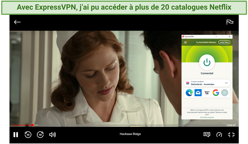 Screenshot showing region-locked title Hacksaw Ridge streaming on Netflix NL with ExpressVPN connected