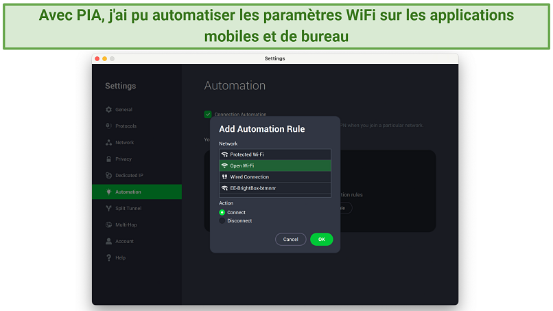 Screenshot showing the Private Internet Access app using the automation function to assign WiFi rules