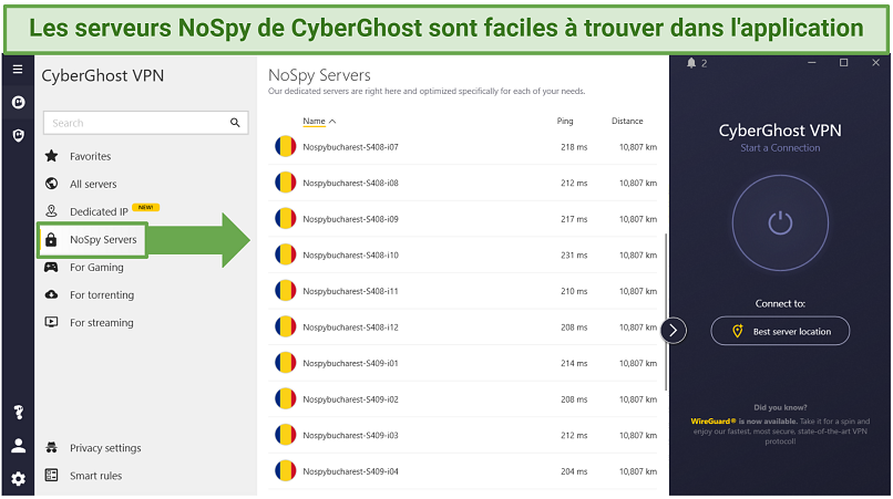 CyberGhost's Windows app displaying where to find its NoSpy servers