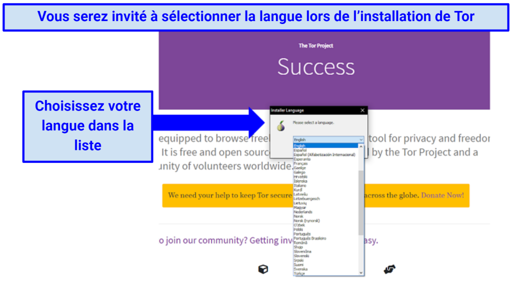 Screenshot showing how to select your language on the Tor installer