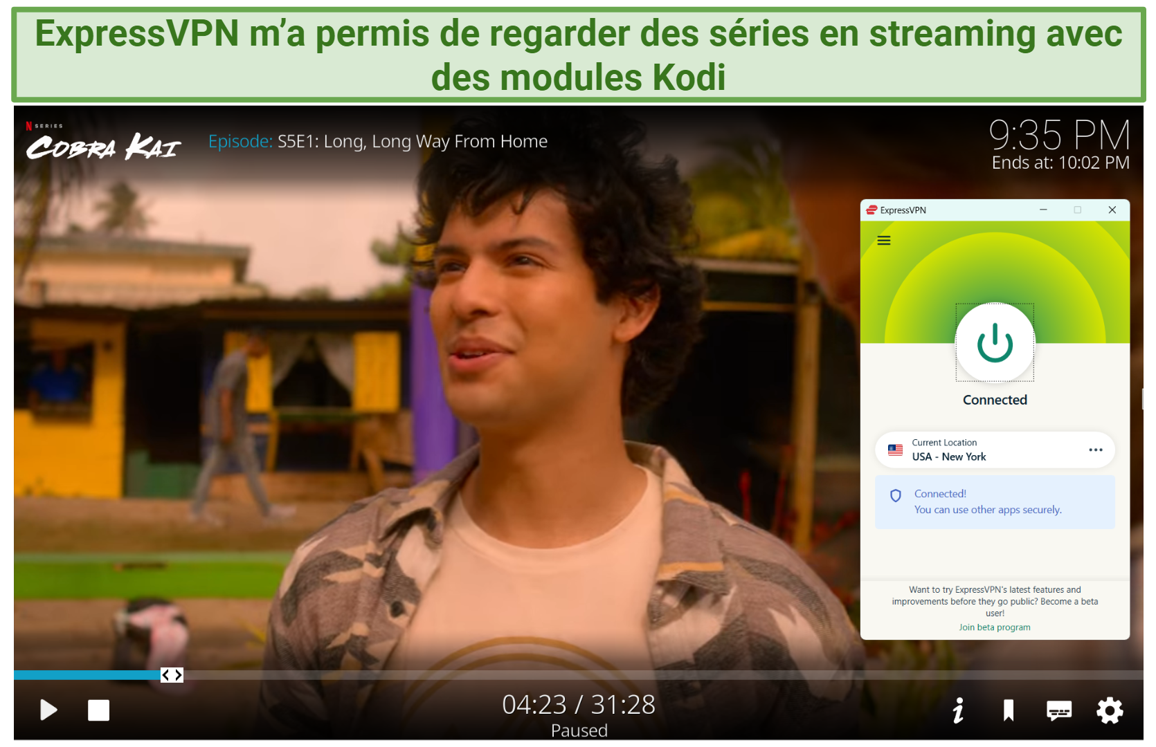 Screenshot of Cobra Kai streaming using the Netflix Kodi add-on with ExpressVPN connected.