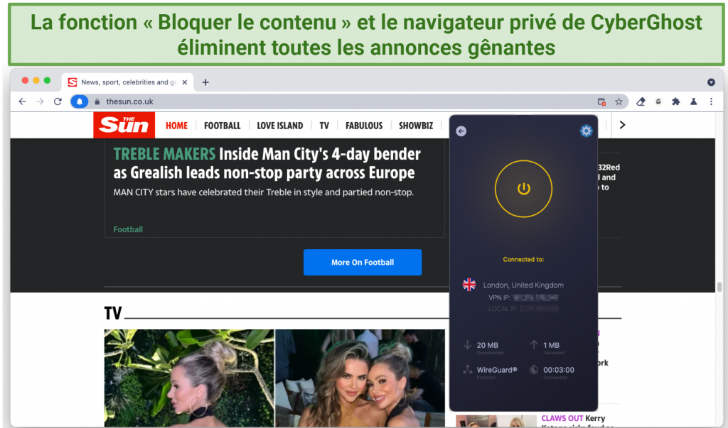 Screenshot showing an ad-free web page using CyberGhost's Block Content alongside its own Private Browser
