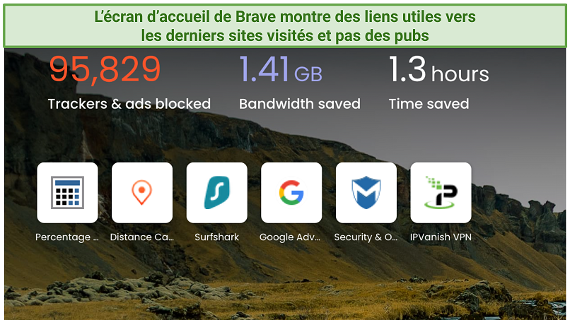 Screenshot showing the Brave browser homescreen with a summary of the number of ads blocked, and the bandwidth and time saved