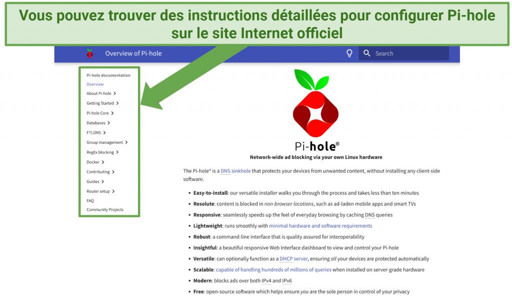 Screenshot showing the setup guide on the Pi-hole website