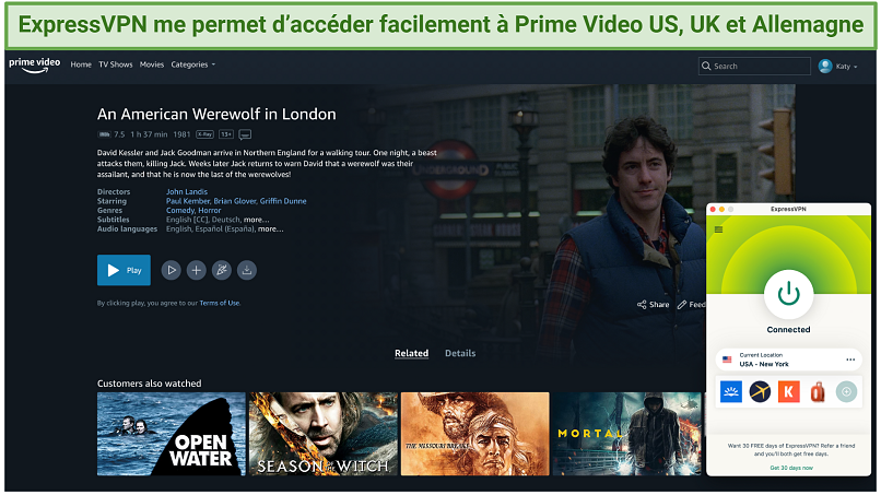 Screenshot showing an ExpressVPN app connected to New York over an unblocked US Prime Video page
