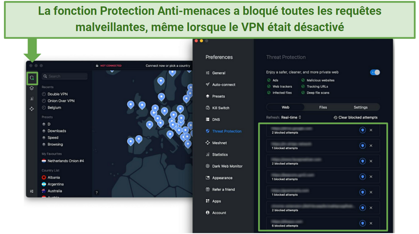 A screenshot of NordVPN's Threat Protection feature blocking trackers and malicious requests