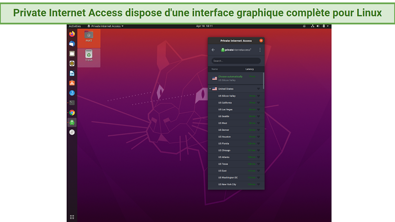 Capture d'écran de l'interface graphique de Private Internet Access sur le système d'exploitation Linux