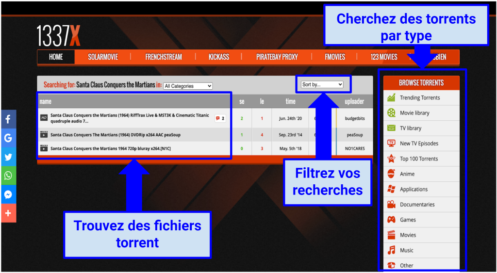 Screenshot of 1337x torrenting site showing how to find torrent files and filter your search.