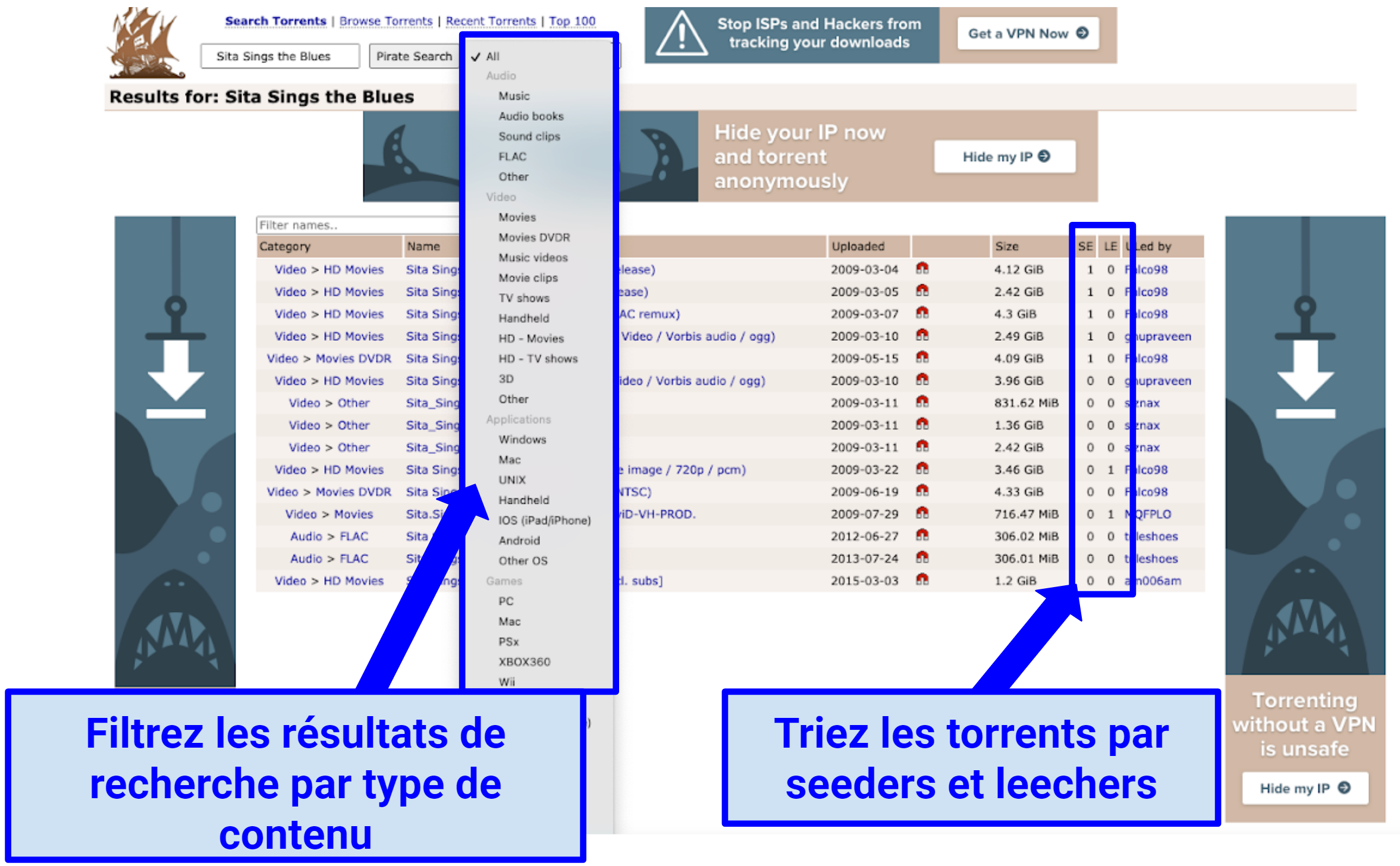 Screenshot of The Pirate Bay website showing download links, seeders, and leechers for Sita Sings the Blues