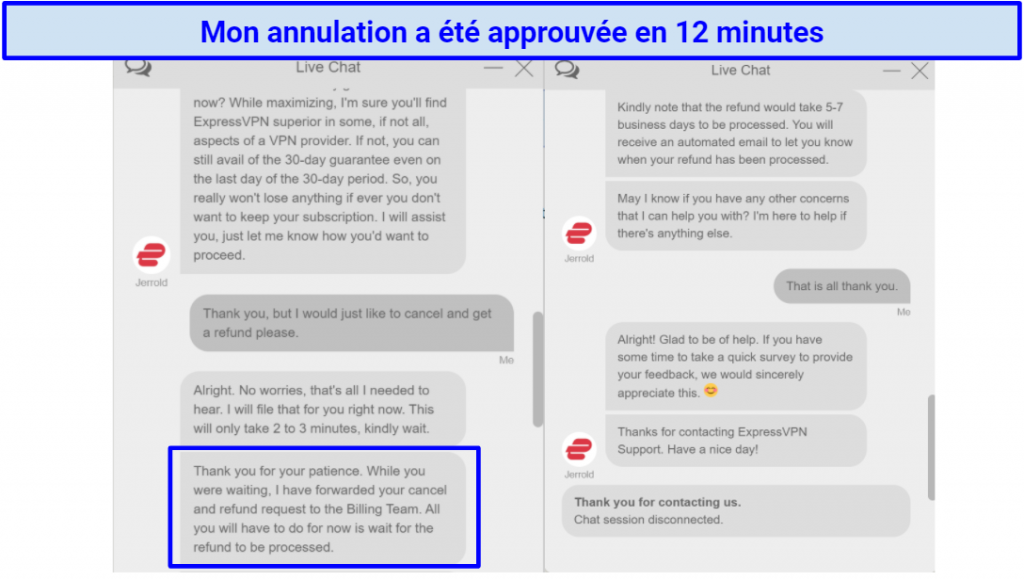 Screenshot of Live Chat with ExpressVPN where my cancellation is approved