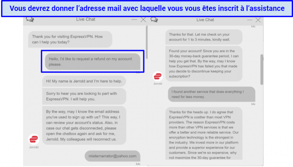 Screenshot of ExpressVPN chat requesting a refund
