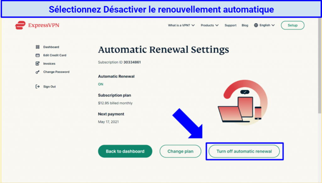 Screenshot of ExpressVPN website highlighting where to find Turn off automatic renewal