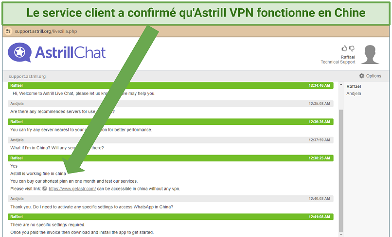 Screenshot of a conversation with Astrill VPN live chat support regarding the VPN use in China