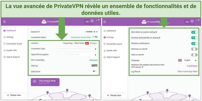 Screenshot of PrivateVPN's Advanced View interface on Windows while connected to a server in Hong Kong