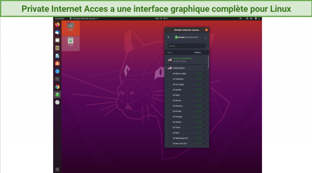 Screenshot of Private Internet Access GUI on Linux Operating System