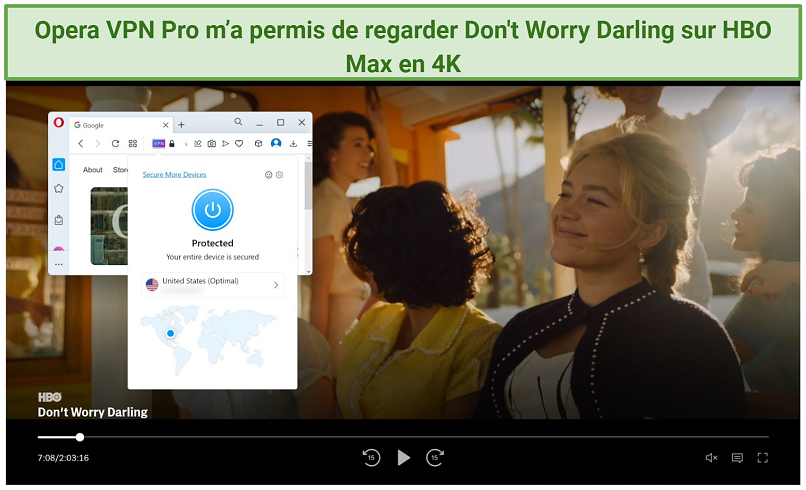Screenshot of HBO Max player streaming Don't Worry Darling while connected to OperaVPN Pro