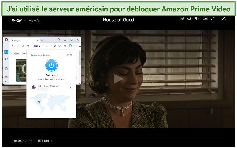 Screenshot of Amazon Prime Video player streaming House of Gucci while connected to OperaVPN Pro