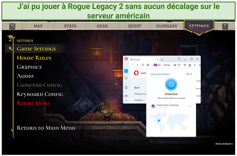 Screenshot of Steam running Rogue Legacy 2 while connected to OperaPro VPN