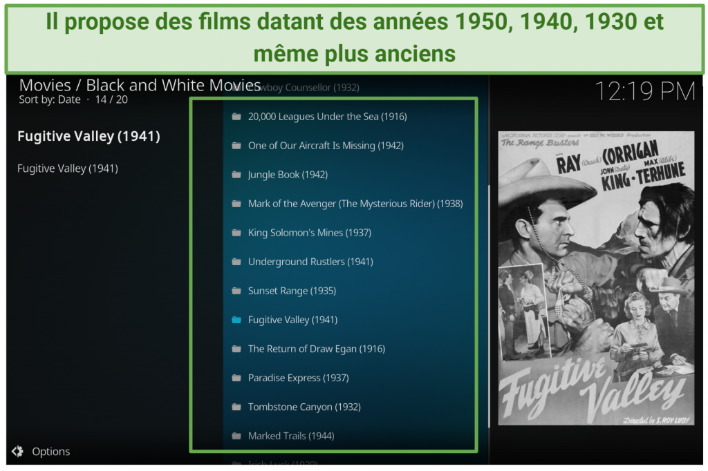 A screenshot showing the Black and White Kodi addon has classic movies