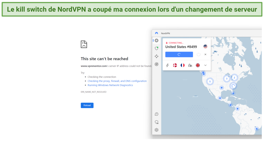 A screenshot showing NordVPN offers an effective kill switch
