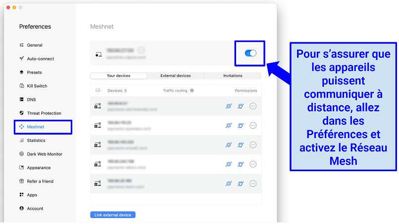 Screenshot of NordVPN's app showing how to enable the Meshnet feature within the Preferences tab