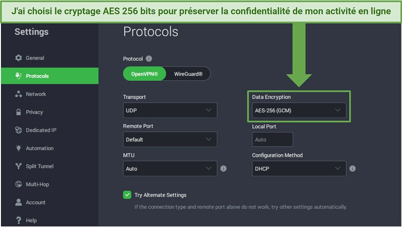 A screenshot showing you can protect your connection to the router with PIA's 256-bit encyption