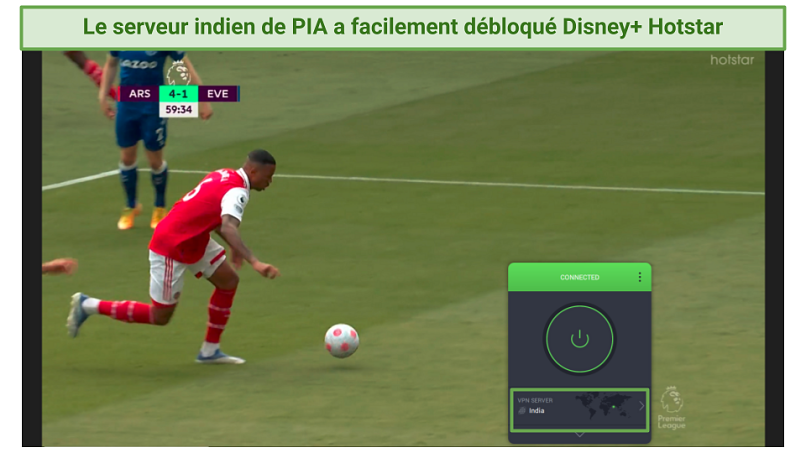 A screenshot showing you can use Private Internet Access to watch EPL matches on Disney+ Hotstar