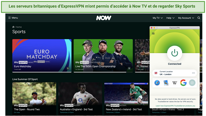 Screenshot of ExpressVPN unblocking Sky Sports on Now TV