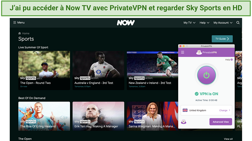 Screenshot of PrivateVPN unblocking Sky Sports on Now TV
