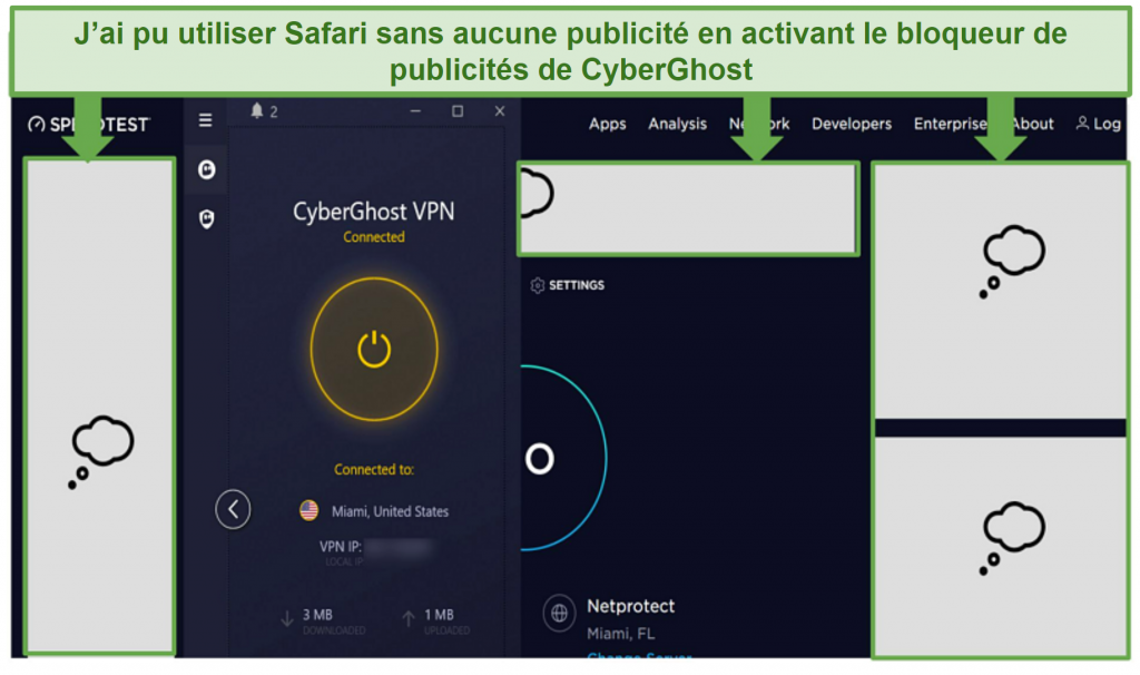 A screenshot showing how effective CyberGhost's ad-blocker is.