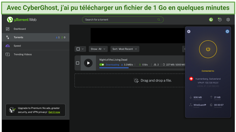 Screenshot showing the CyberGhost app connected to Switzerland - For downloading, over a uTorrent web client downloading a movie