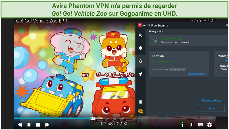A screenshot showing streaming an anime on Gogoanime while connected to Avira Phantom VPN free server