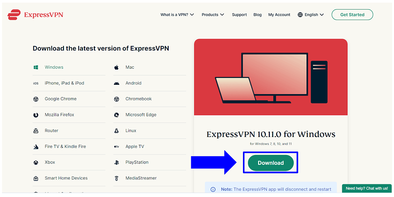 ExpressVPN's download page displaying the different apps available and where to begin downloading