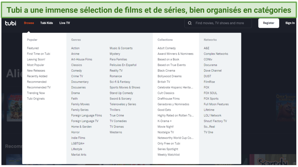A screenshot showing Tubi nicely organizes its content into easy-to-find categories.