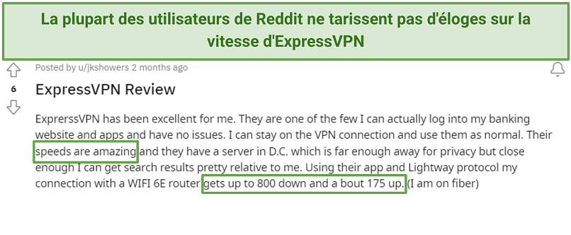 Screenshot of Reddit review praising ExpressVPN's connection speed.