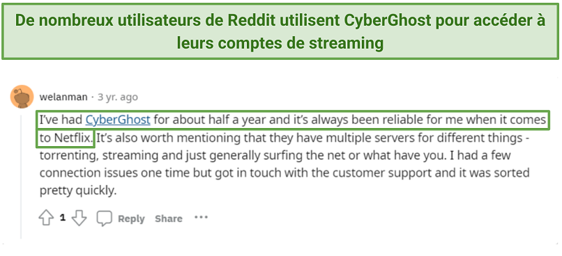 Screenshot of Reddit review about CyberGhost's streaming-optimized servers.