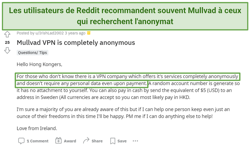 Screenshot of Reddit review recommending Mullvad for its anonymous account creation.