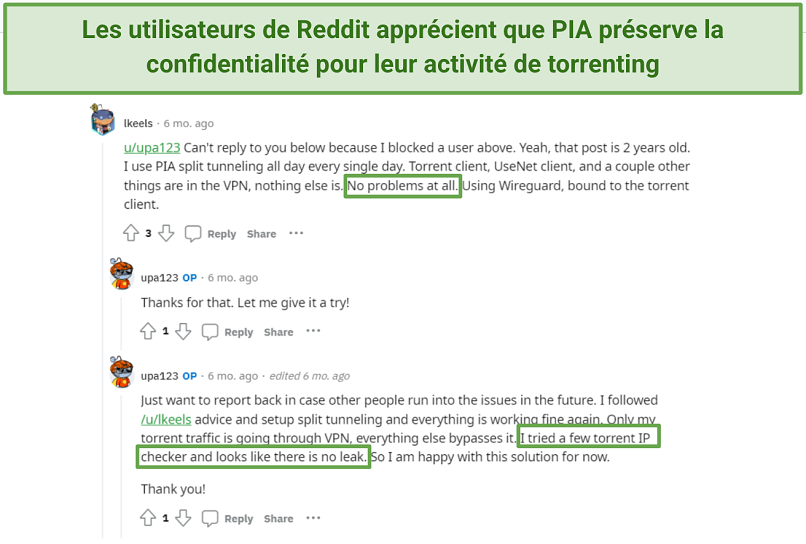 Reddit user review recommending PIA settings for torrenting.