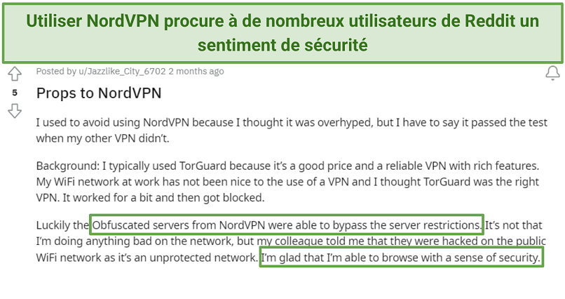 Screenshot of Reddit review highlighting NordVPN's reliability and security.