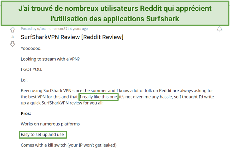 Screenshot of Reddit user review about Surfshark's easy-to-use and enjoyable apps.