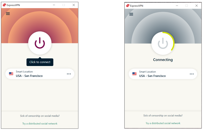 Screenshot showing how to use connect button on ExpressVPN app.