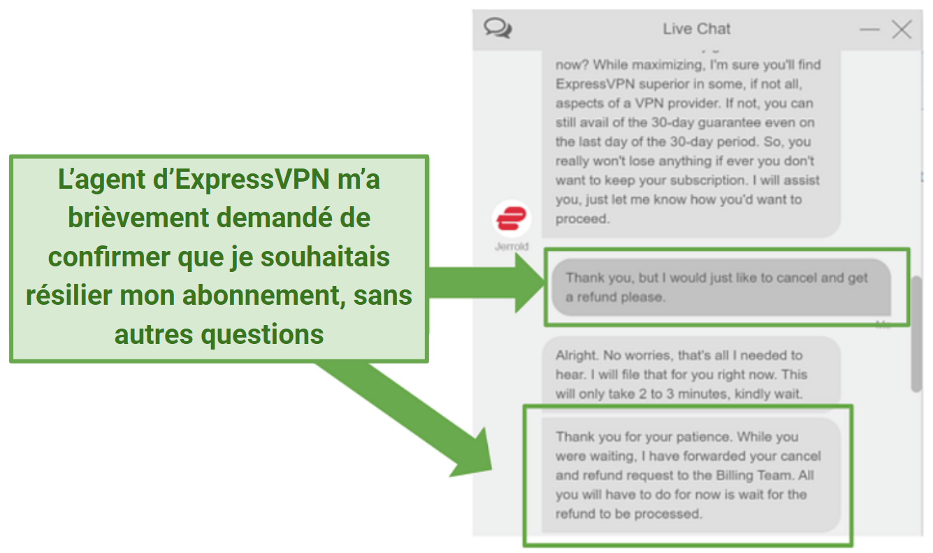 Screenshot of ExpressVPN live chat approving a refund using the money-back guarantee free trial