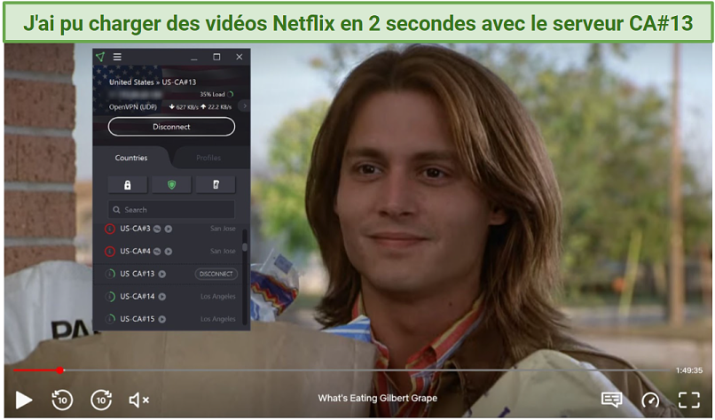Screenshot of Netflix player streaming What's Eating Gilbert Grape while connected to ProtonVPN